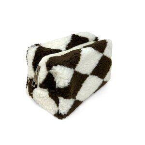 Fuzzy Harlequin Diamond Makeup Bag – Chic & Playful Catch-All Pouch